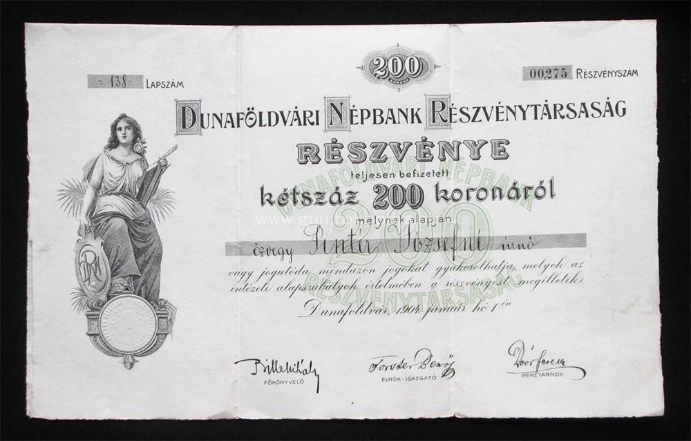 Dunaf�ldv�ri N�pbank r�szv�ny 200 korona 1904